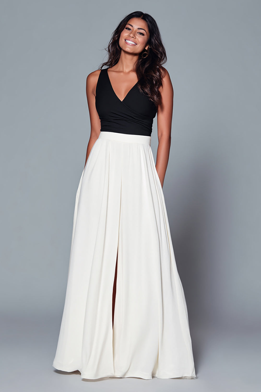 V-Neck A-Line Black and White Formal Dress With Slit