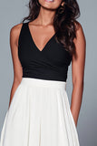 V-Neck A-Line Black and White Formal Dress With Slit