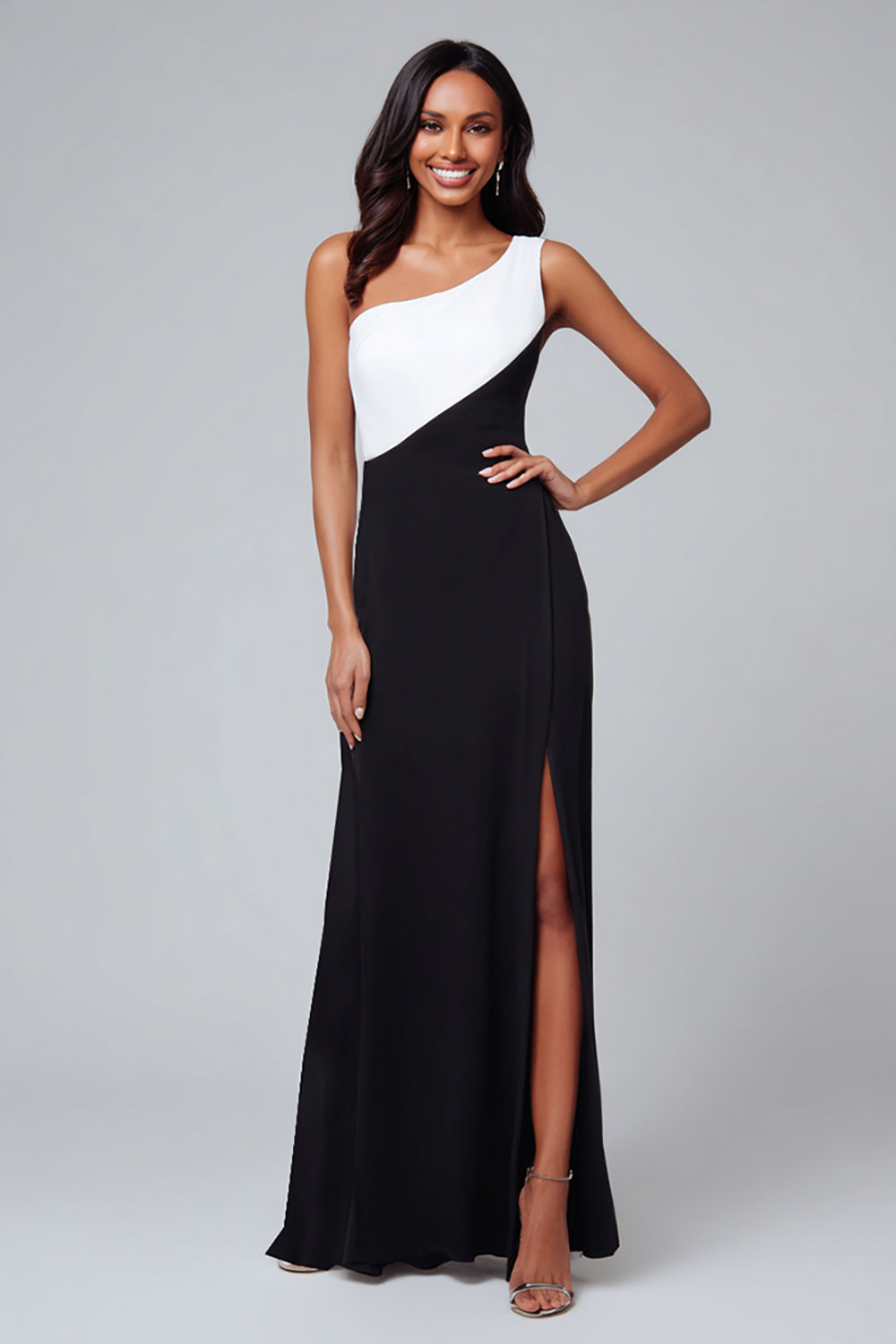 One Shoulder Sheath Black and White Formal Dress With Slit