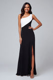 One Shoulder Sheath Black and White Formal Dress With Slit