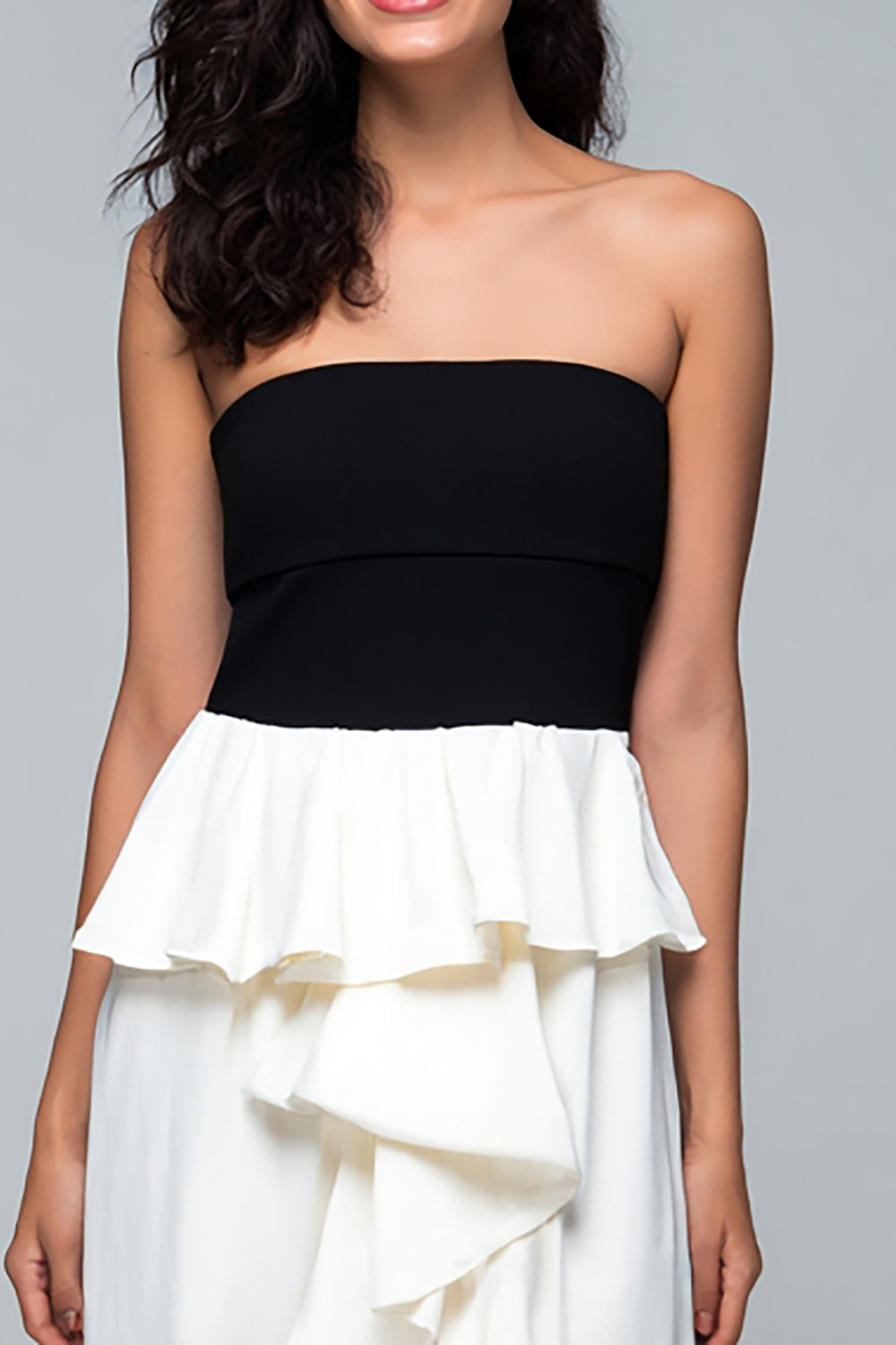 Strapless Sheath Ruffle Asymmetrical Black and White Formal Dress