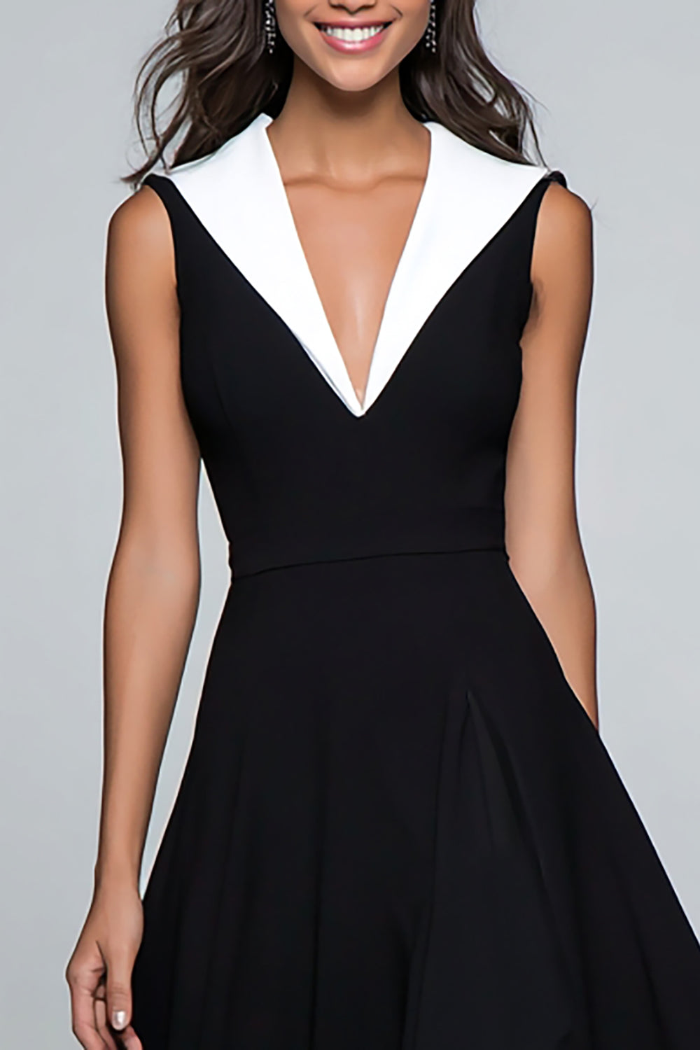 Black and White V-Neck A-Line Midi Formal Dress