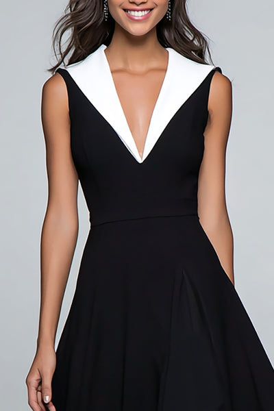 Berylove Women Black and White Semi-Formal Dress V-Neck A-Line Midi