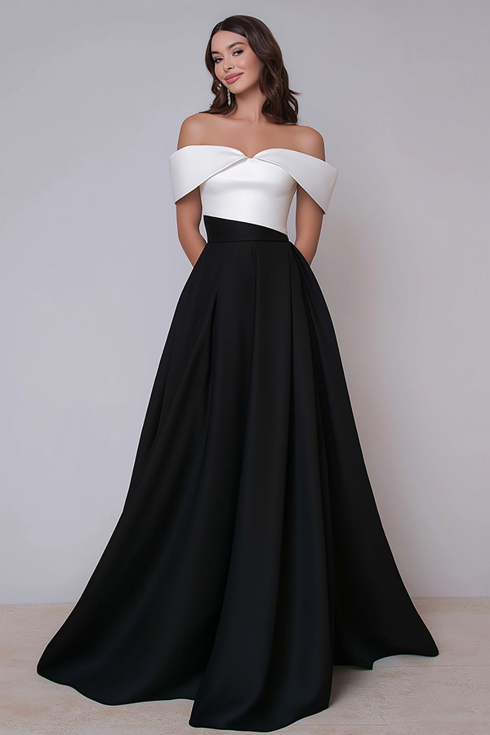 Off The Shoulder Black and White A-Line Formal Dress