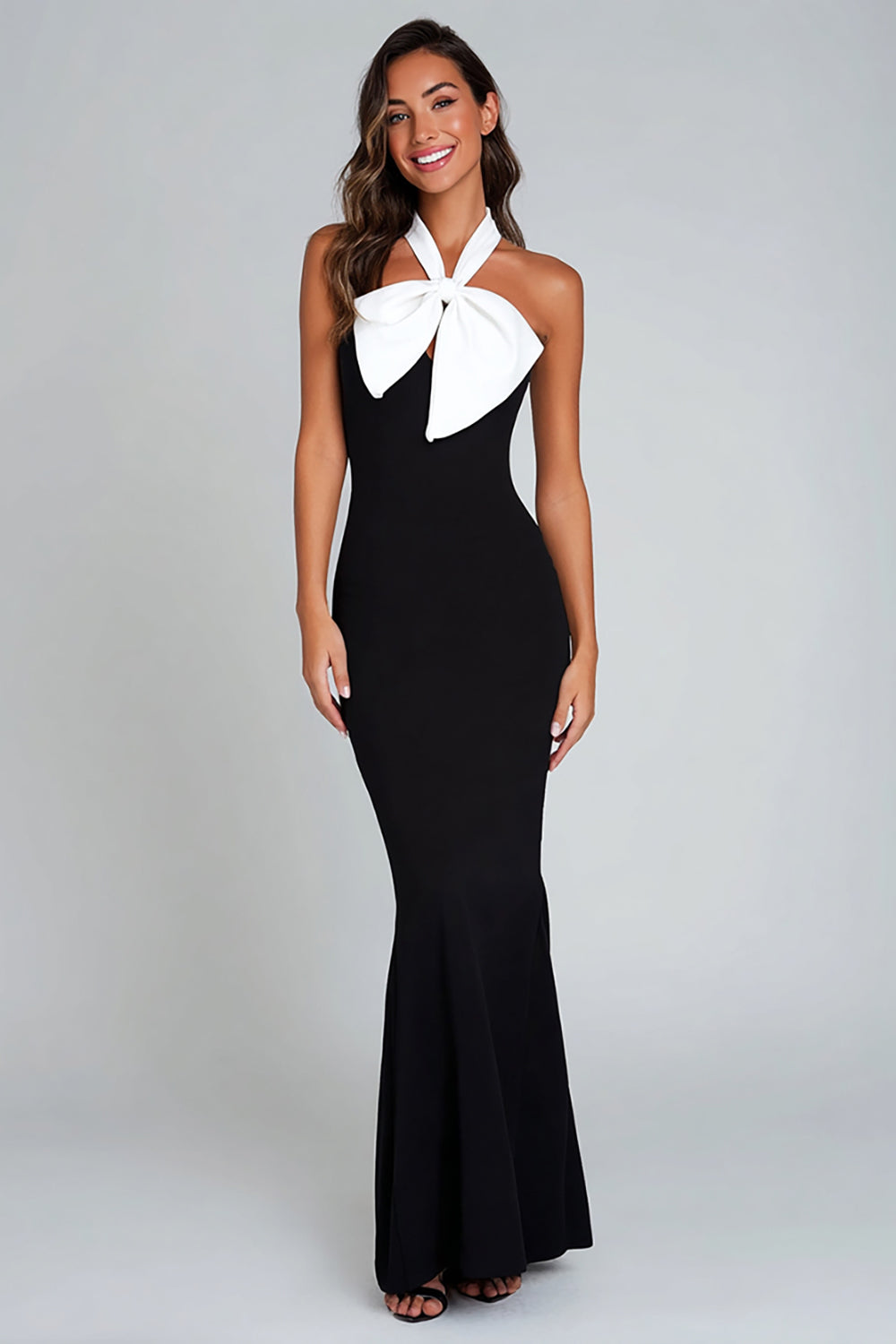 Mermaid Halter Maxi Black Tie Dress With Bow