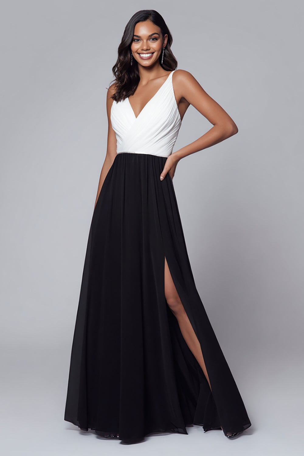 Black and White A Line V-Neck Formal Dress With Slit