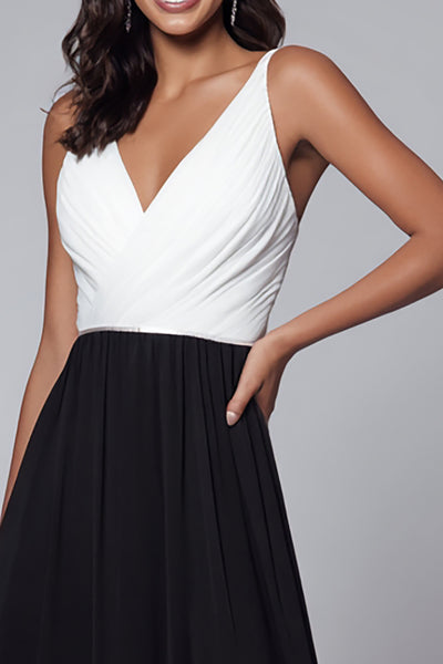 Berylove Women Black and White Formal Dress V-Neck A-Line Evening Dress