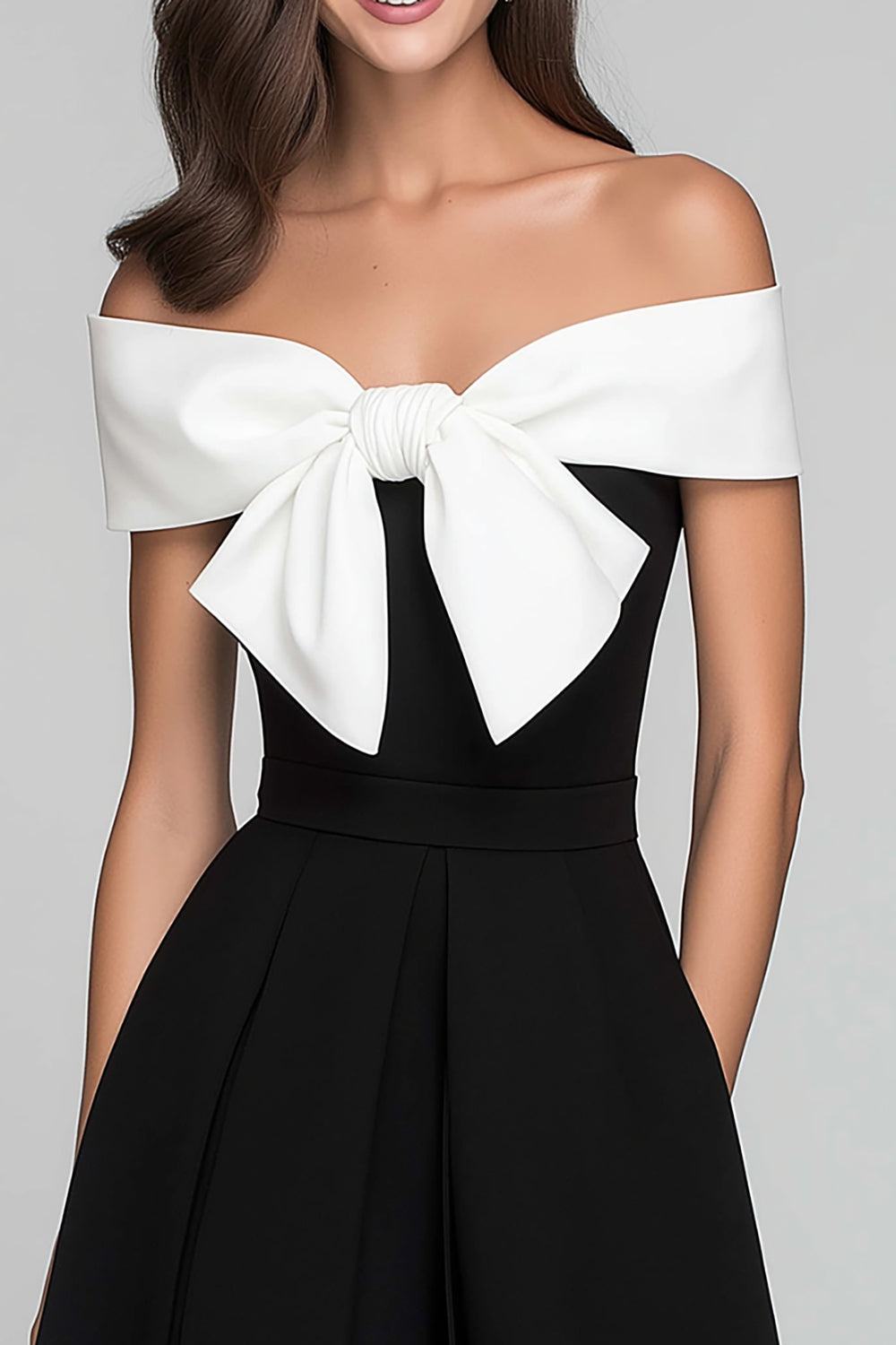 Off the Shoulder A-Line Black and White Midi Dress With Bow