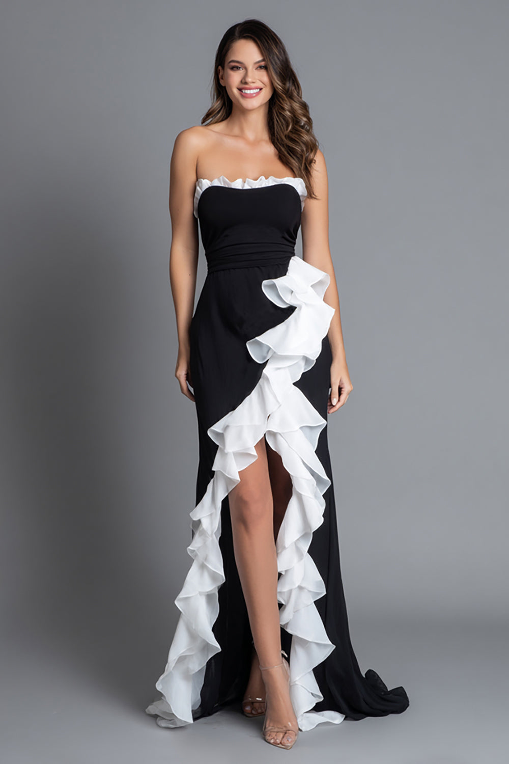 Ruffled Black and White Strapless Formal Dress With Slit