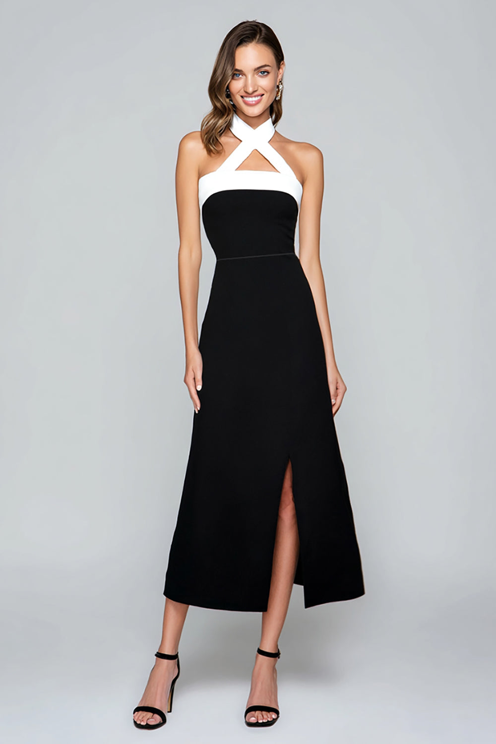 Black Halter A-Line Midi Formal Dress With Slit