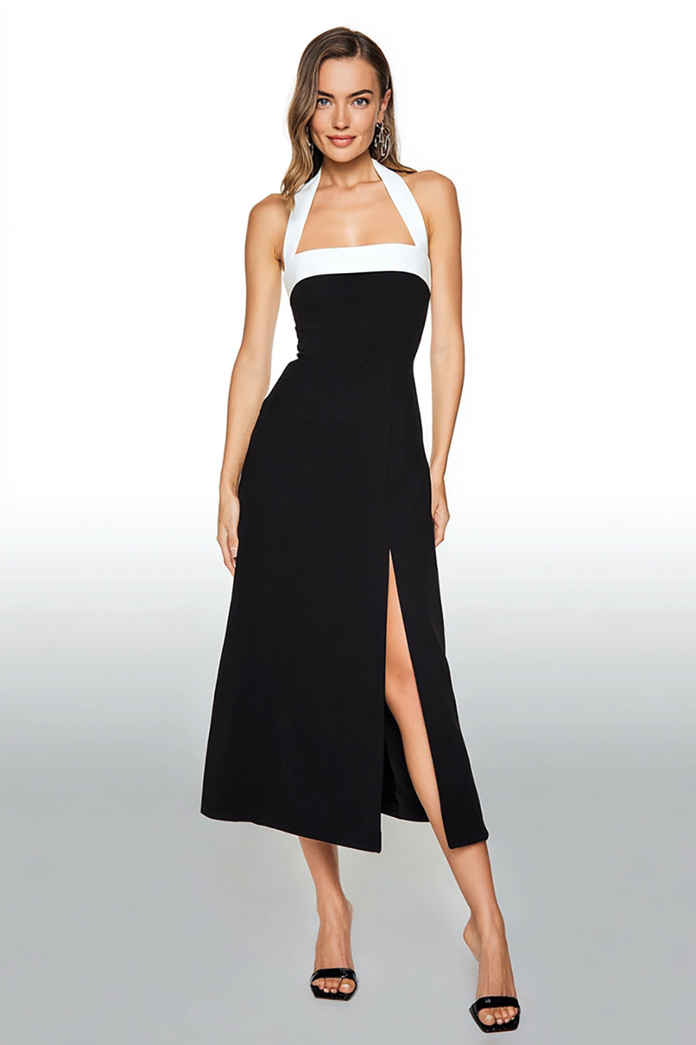 Halter A-Line Black Semi-Formal Dress With Slit