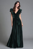 Velvet V-Neck A-Line Dark Green Holiday Dress With Ruffle Sleeves