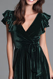 Velvet V-Neck A-Line Dark Green Holiday Dress With Ruffle Sleeves