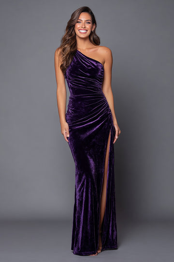 One Shoulder Sheath Plum Velvet Holiday Dress With Slit