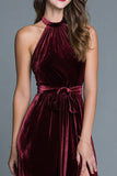 Velvet Halter Burgundy Holiday Party Dress With Slit