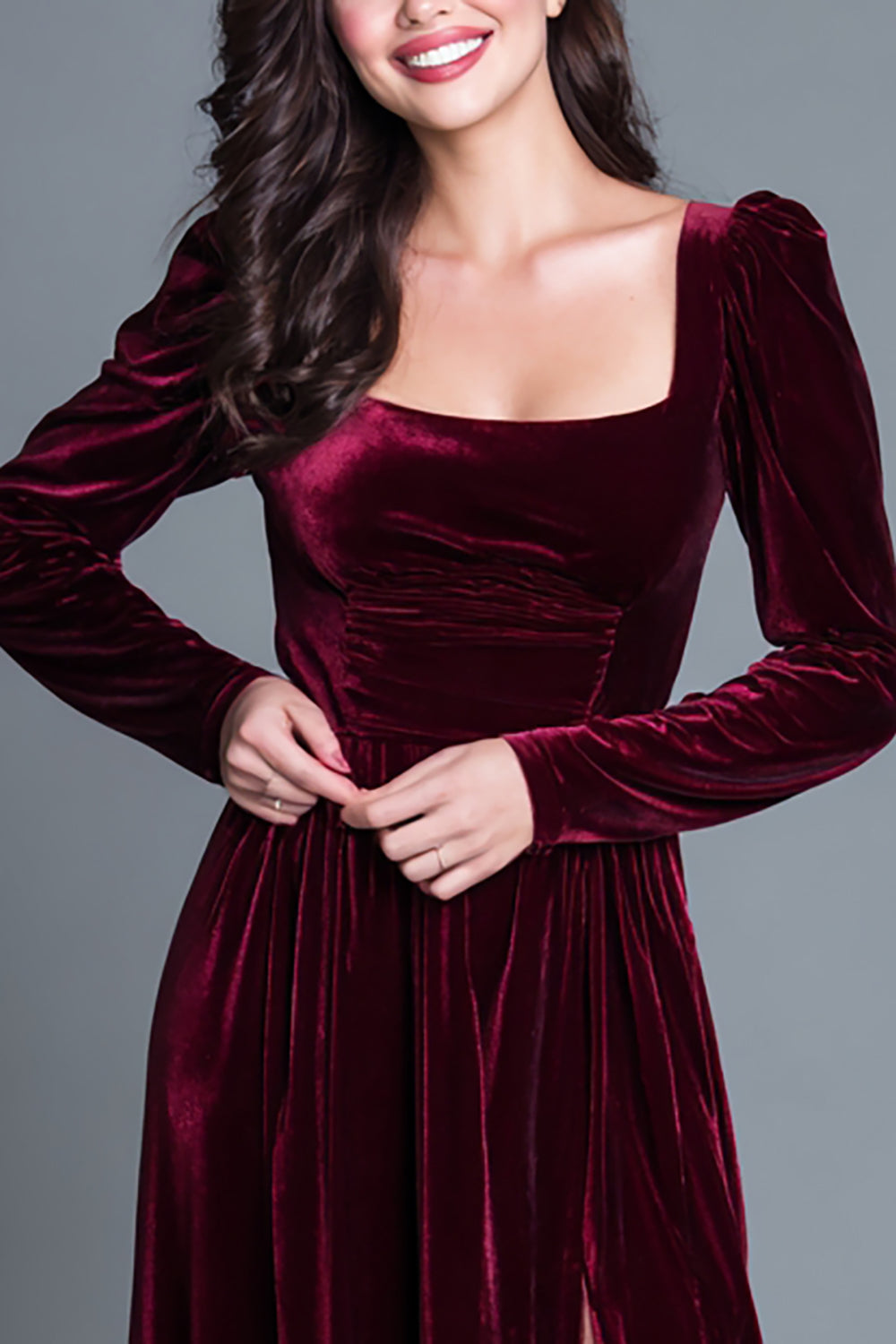 Burgundy Square Neck Velvet Holiday Party Dress With Slit