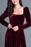 Burgundy Square Neck Velvet Holiday Party Dress With Slit