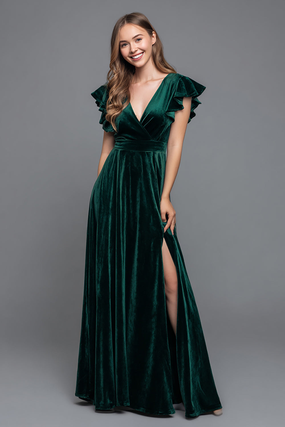 Dark Green A-Line V-Neck Velvet Holiday Party Dress With Slit