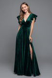 Dark Green A-Line V-Neck Velvet Holiday Party Dress With Slit