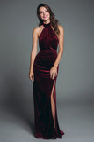 Burgundy Halter Sheath Velvet Holiday Party Dress With Slit