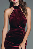 Burgundy Halter Sheath Velvet Holiday Party Dress With Slit