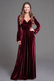 Burgundy A-Line Velvet Holiday Party Dress With Long Sleeves