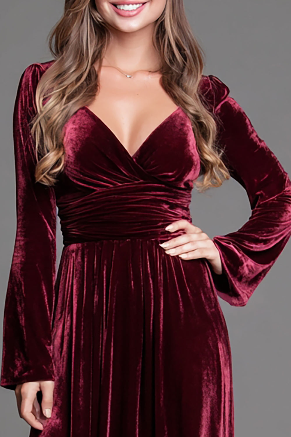 Burgundy A-Line Velvet Holiday Party Dress With Long Sleeves
