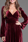 Burgundy A-Line Velvet Holiday Party Dress With Long Sleeves