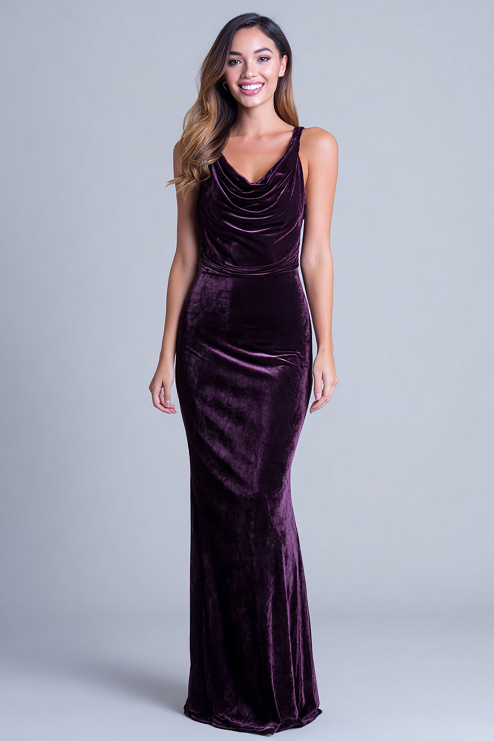 Plum Sheath Velvet Cowl Neck Long Holiday Party Dress