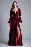 Burgundy A-Line Long Sleeve Velvet Holiday Party Dress With Slit