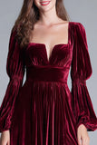 Burgundy A-Line Long Sleeve Velvet Holiday Party Dress With Slit