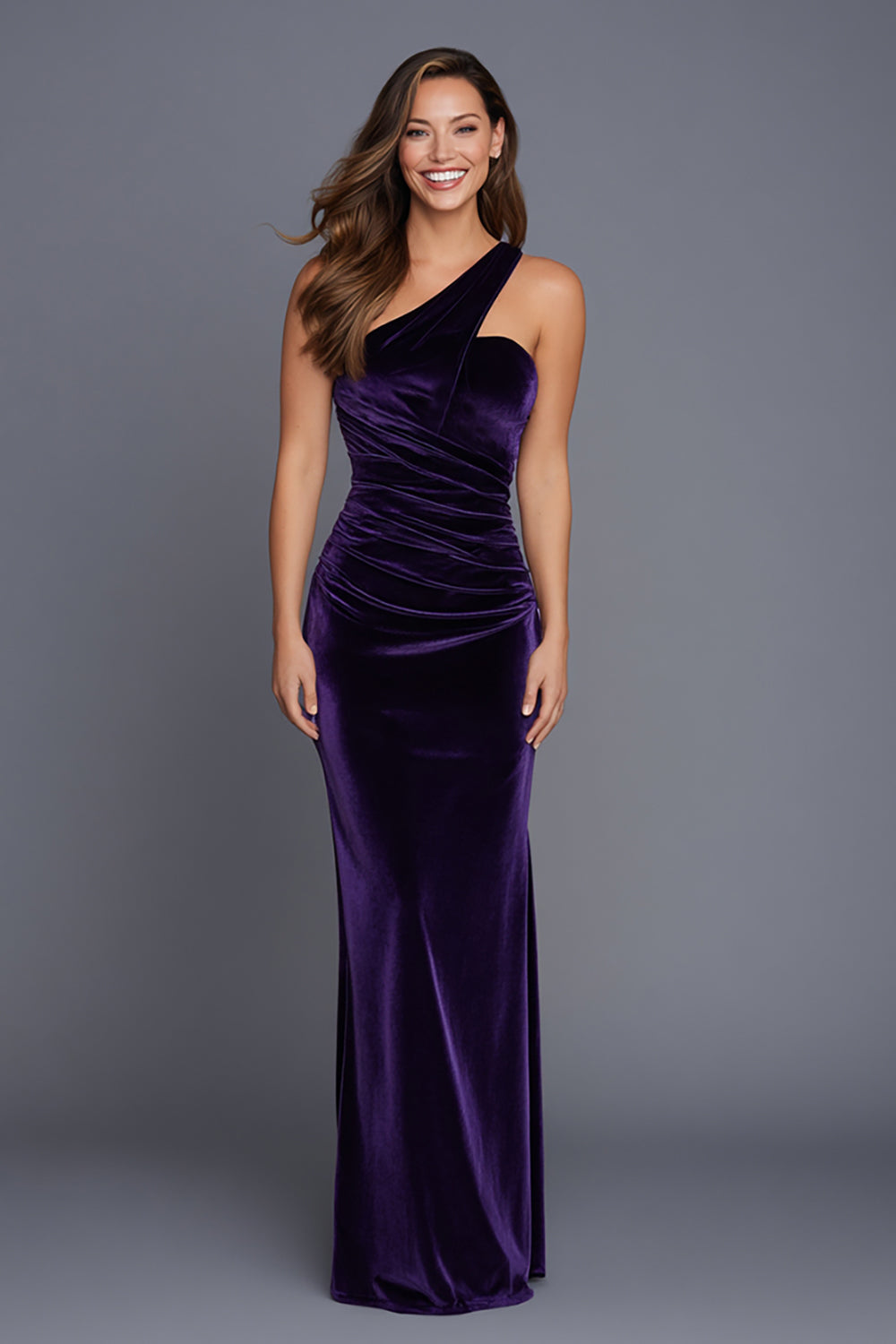 Velvet One Shoulder Sheath Plum Maxi Holiday Dress