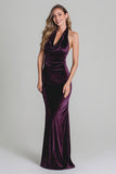 Purple Halter Sheath Velvet Holiday Dress
