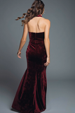 Halter Burgundy Velvet Sheath Holiday Dress With Slit