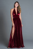 Burgundy Velvet Halter A-Line Holiday Dress With Slit