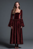 Burgundy A-Line Square Neck Holiday Party Dress with Flare Sleeves