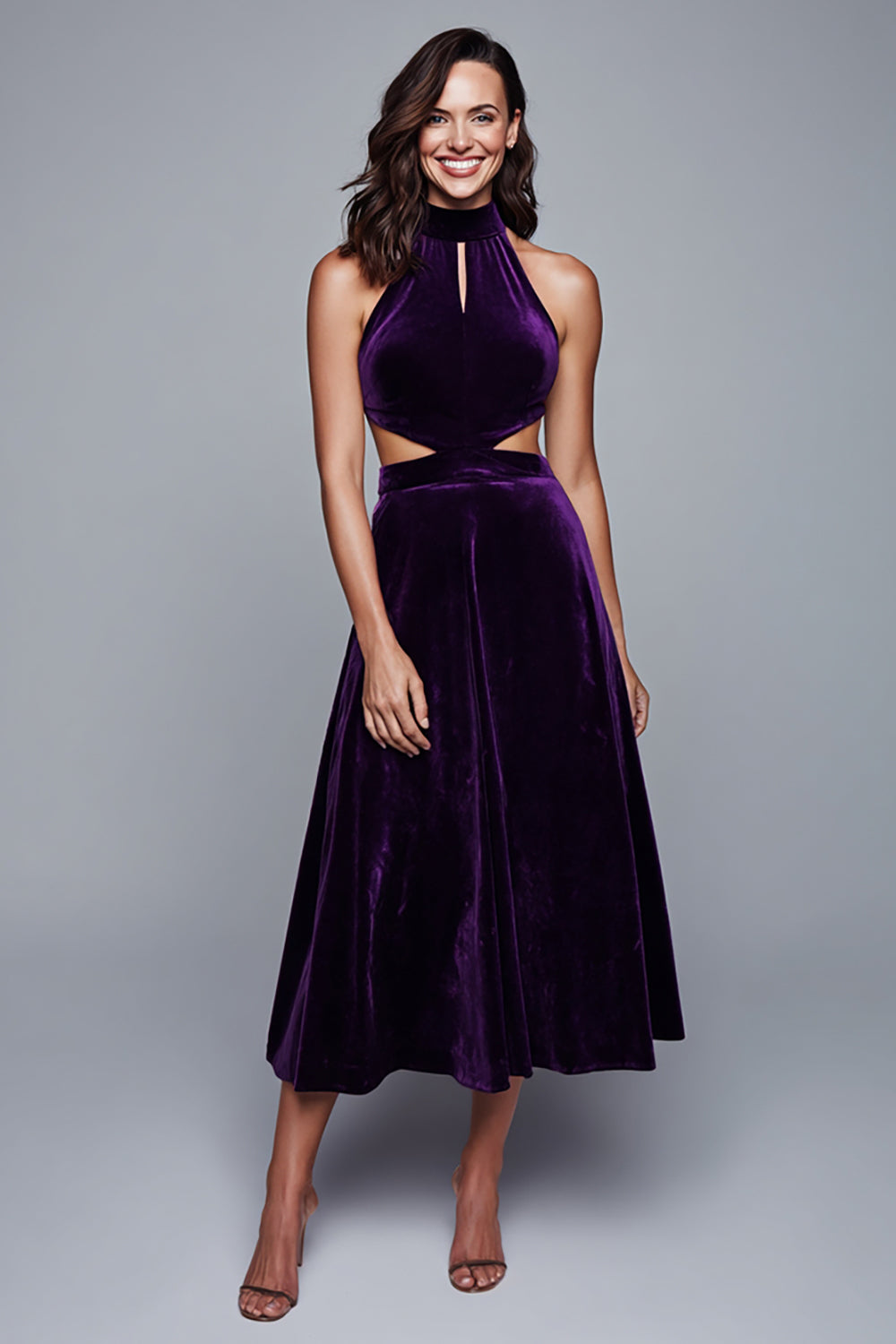 Purple Cut Out A-Line Velvet Halter Holiday Dress