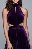 Purple Cut Out A-Line Velvet Halter Holiday Dress