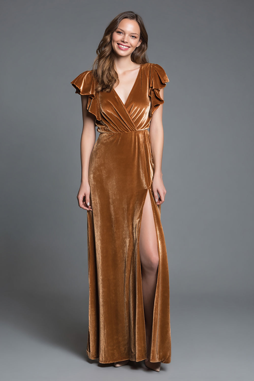 Brown V-Neck Velvet Long Holiday Dress With Slit