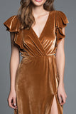Brown V-Neck Velvet Long Holiday Dress With Slit