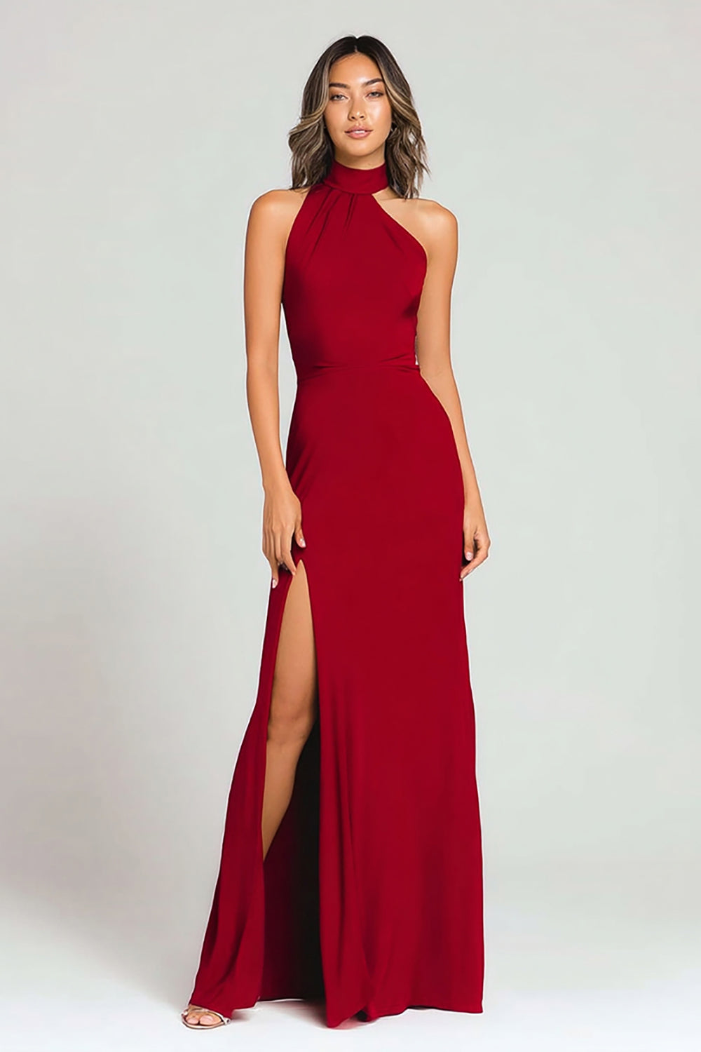 Burgundy Halter Backless Formal Dress With Slit