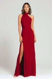 Burgundy Halter Backless Formal Dress With Slit