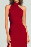 Burgundy Halter Backless Formal Dress With Slit
