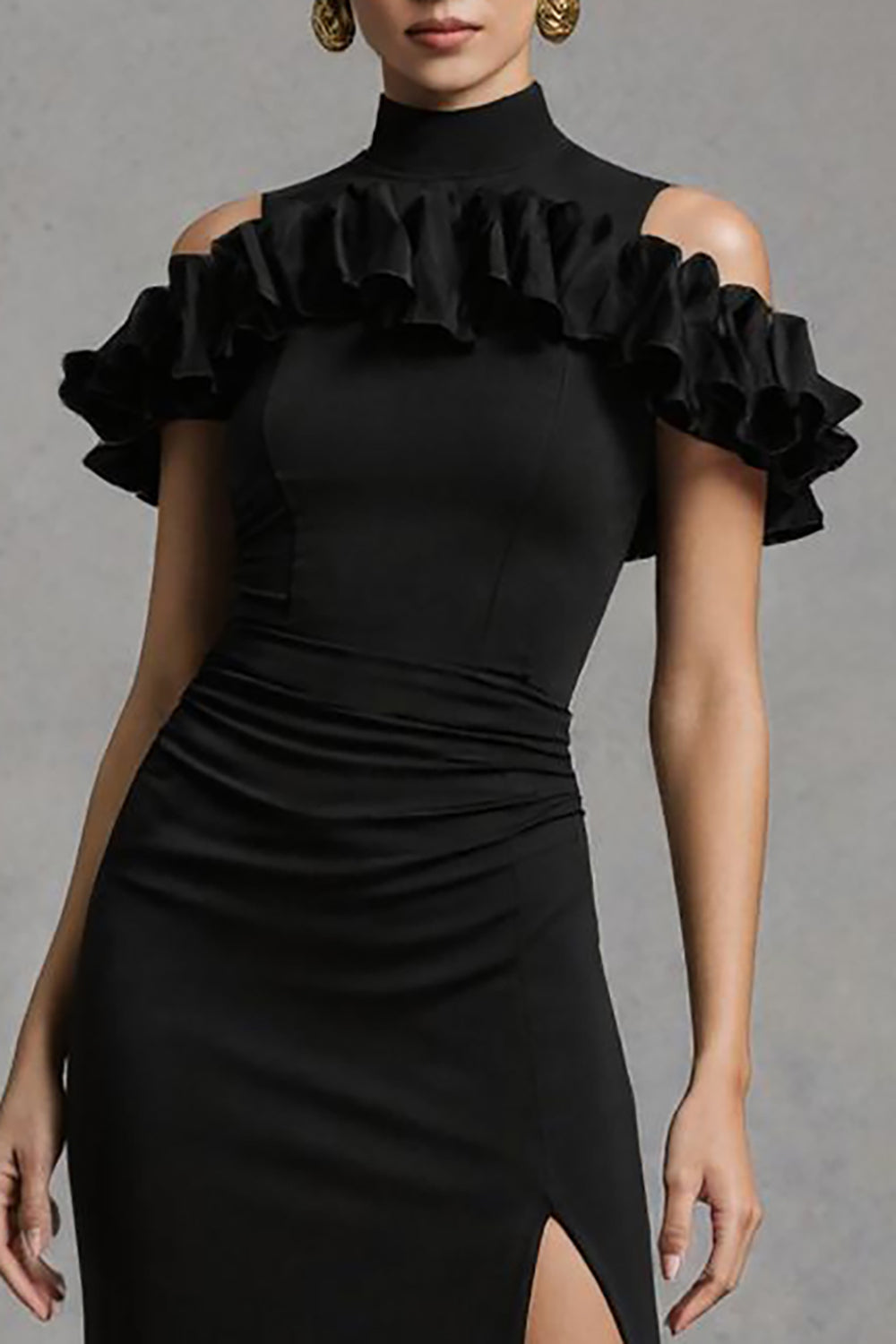 Sheath High Neck Ruffled Black Tie Dress With Slit