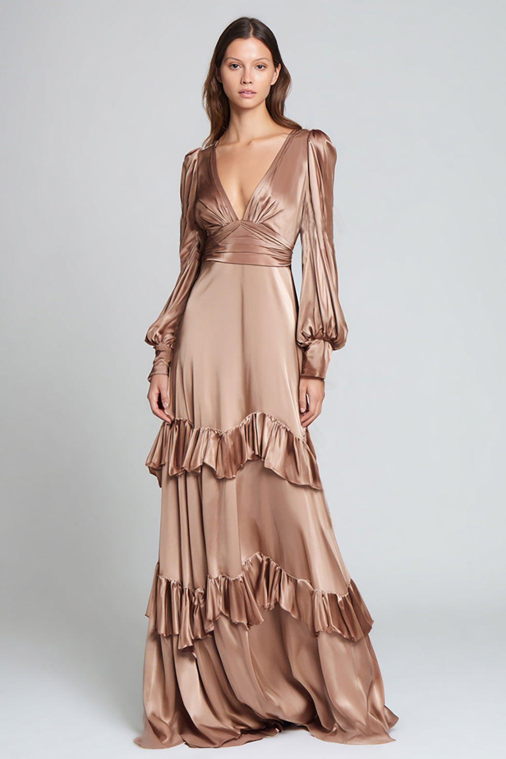 Ligth Brown V-Neck Satin Long Sleeve Formal Dress With Ruffles