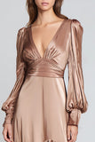 Ligth Brown V-Neck Satin Long Sleeve Formal Dress With Ruffles
