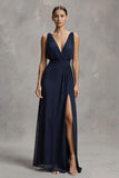 Navy A-Line V Neck Formal Dress With Slit