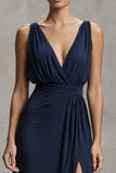 Navy A-Line V Neck Formal Dress With Slit