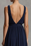 Navy A-Line V Neck Formal Dress With Slit