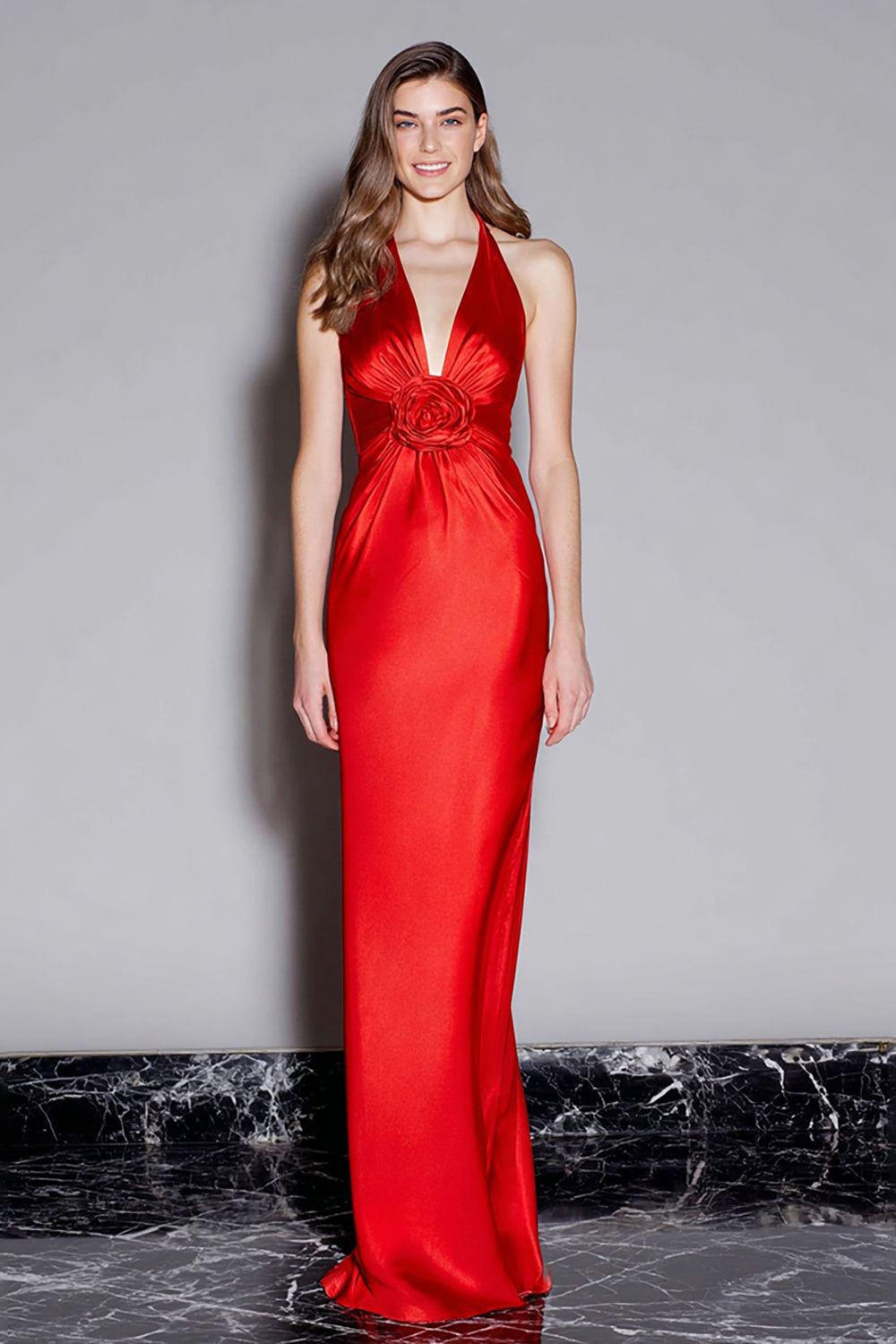 Red Sheath Halter Satin Long Formal Dress with 3D Flower